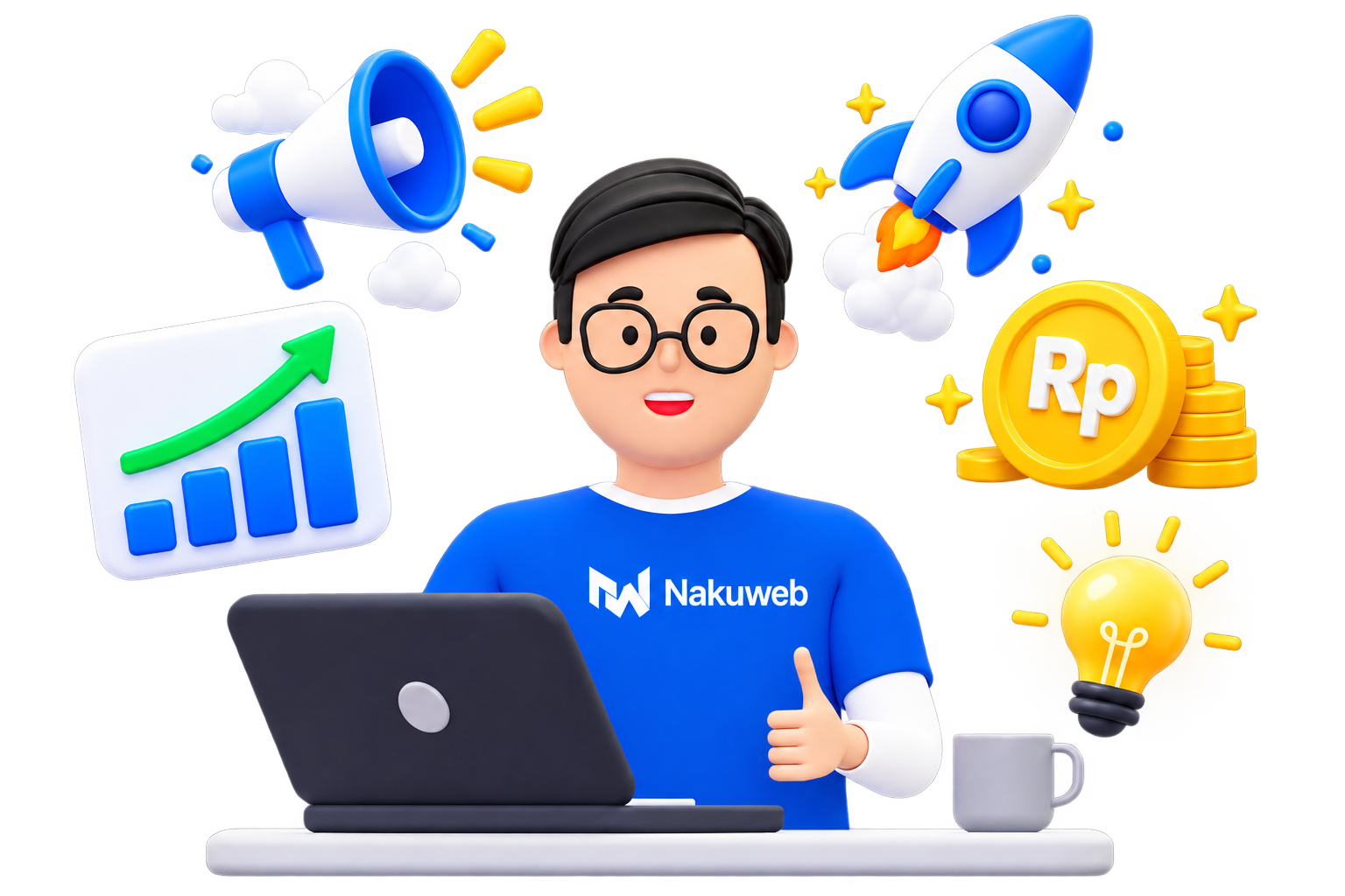 Pengembang Nakuweb bekerja menggunakan laptop, dikelilingi simbol pertumbuhan bisnis, ide, dan peluncuran proyek